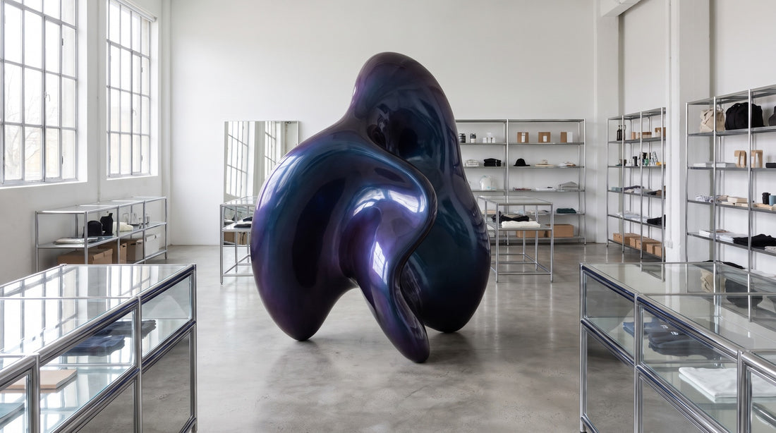 Wie wirkt eine Figur in einem Verkaufsraum mit Glas und Chrom