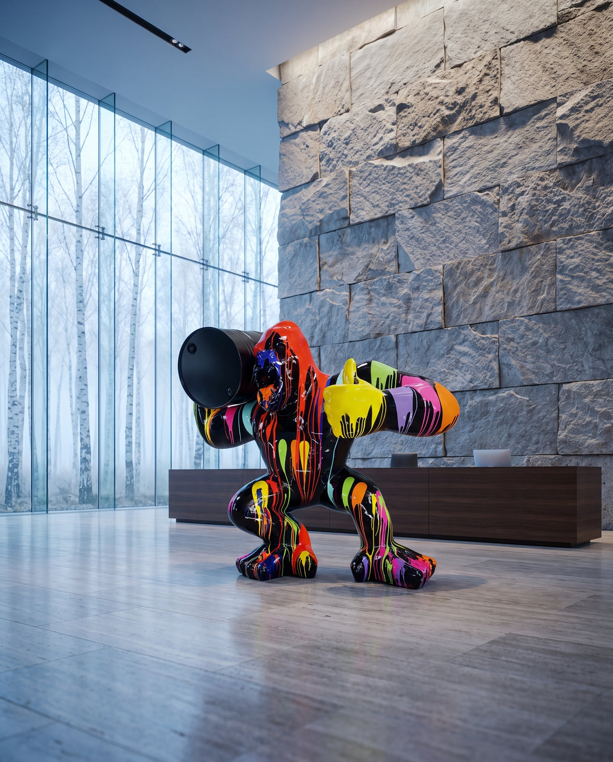 XXL Gorilla Skulptur mit Fass - Ambiente